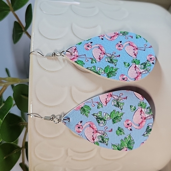 Flamingo Vegan Leather Drop Earrings - Picture 1 of 6